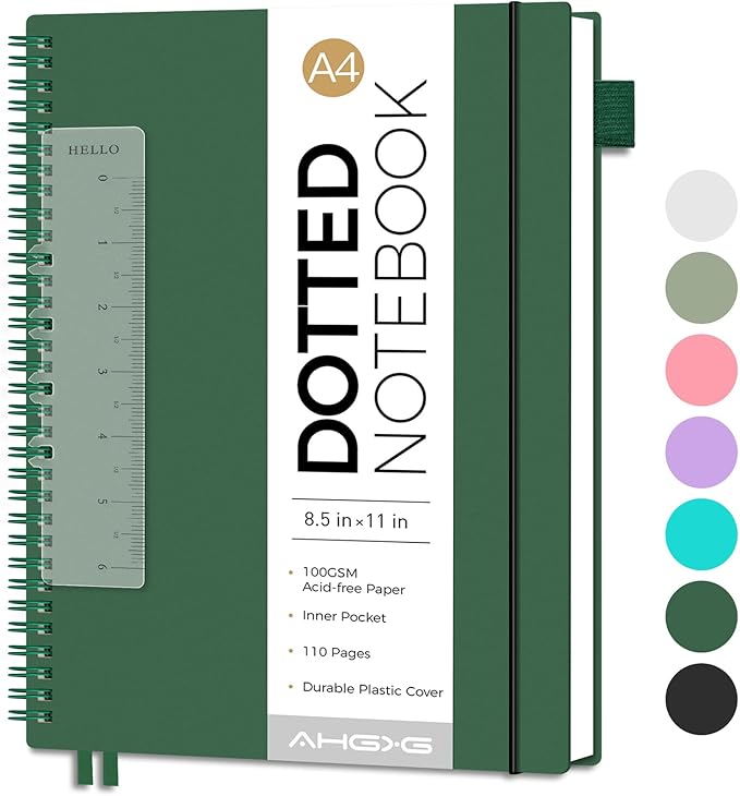 AHGXG Bullet Dotted Journal - Dot Grid Spiral Notebook 8.5" x 11", A4 Large Dotted Notebook, 100 GSM Thick Paper, Waterproof Plastic Cover Journals for Bullet Journaling, Sketching, Green