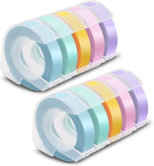 Pristar Plastic 3D Embossing Label Tape Self-Adhesive Compatible for Dymo Label Makers Organizer Xpress Pro, Office Mate II, 3/8 in X 9.8 Ft, Macaroon Color Yellow/Blue/Green/Pink/Purple, 10-Pack
