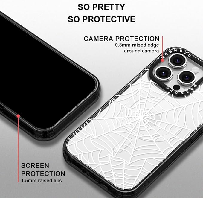MOSNOVO Magnetic Case for iPhone 16 Pro, 10ft Military-Grade Protection, Compatible with Magsafe, Shockproof Phone Case for iPhone 16 Pro - Spider Web - Clear Black
