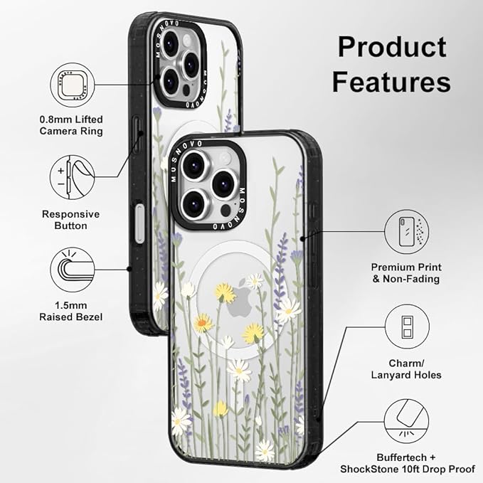 MOSNOVO Magnetic Case for iPhone 16 Pro Max, 10ft Military-Grade Protection, Compatible with Magsafe, Shockproof Phone Case for iPhone 16 Pro Max - Wild Meadow - Clear Black