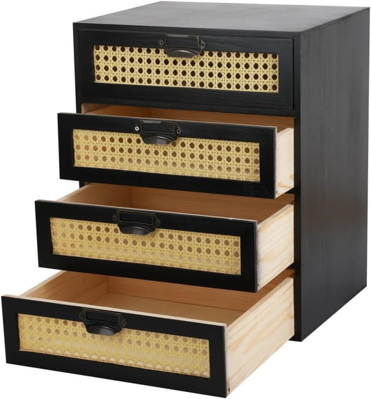Large Wooden Drawer BoHo Desk Organizers Wooden Storage Dox with Drawers Rattan Paper Storage Drawer Wood File Organizer Library Card Catalog Cabinet Apothecary Cabinet (L-BLACK)