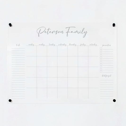 Personalized Clear Acrylic Calendar for Wall, Calendar Whiteboard for Wall, Dry Erase Wall Calendar, Wall Calendar Organizer System for Home (Cursive, Grey, 31"W x 23"H)
