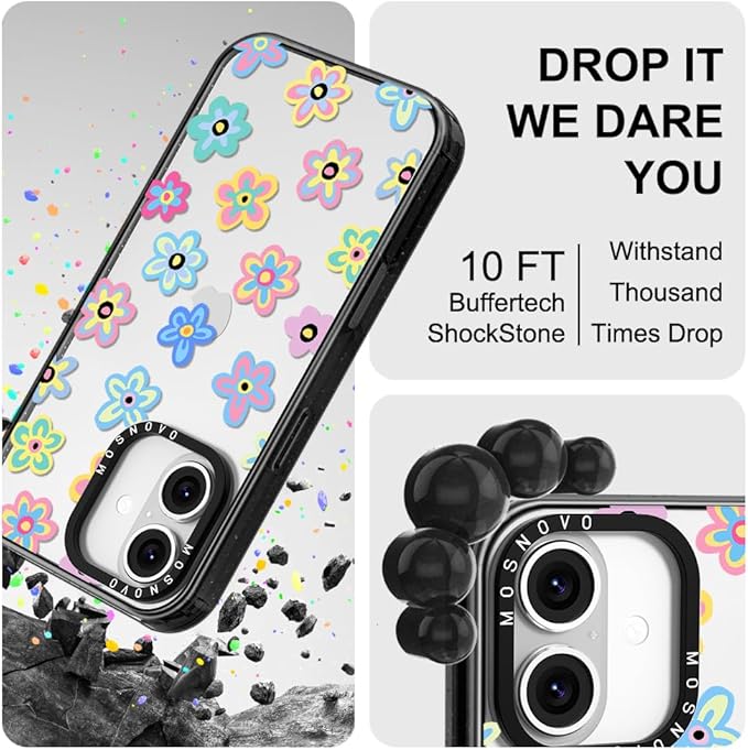 MOSNOVO Case for iPhone 16 Plus, [10ft 4X Military-Grade Drop Protection] Durable & Shockproof Phone Case Cover Design for iPhone 16 Plus - Groovy Flower - Clear Black