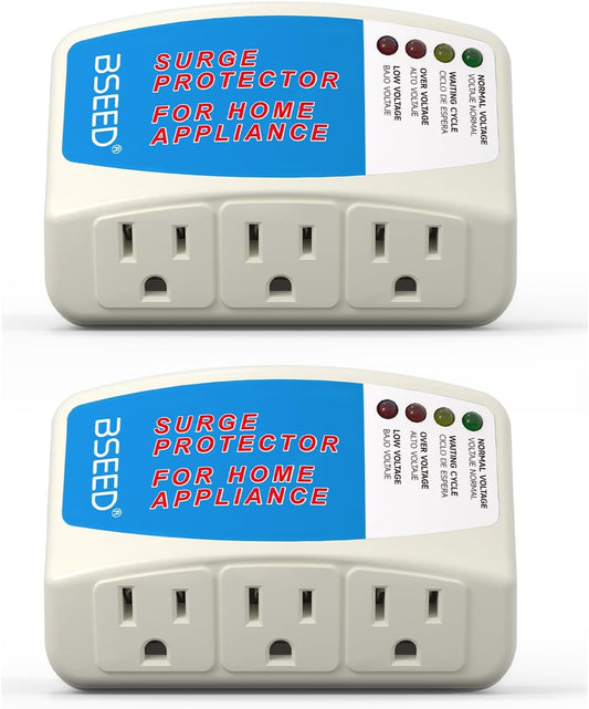 BSEED Home Appliance Surge Protector, Surge Protector for Refrigerator Wall Mount Three Plugs with Protection Low/High Voltage Protector Brownout Outlet Plug in 125V, 1875W, 2 Pack