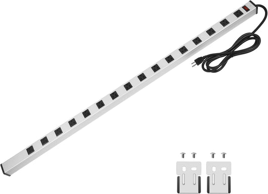 16 Outlet Plugs Heavy Duty Metal Power Strip, Aluminum Workshop Socket with 10 FT Long Cord and Power Switch. 15A, 125V, 1875W Silver