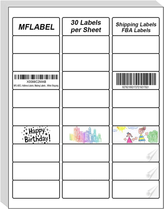 MFLABEL Address Label, 1" x2-5/8 Mailing Sticker, 30-UP White Shipping Labels for Inkjet or Laser Printer, 60000 Sticker Labels (2000 Sheets), 30 Label per Sheet