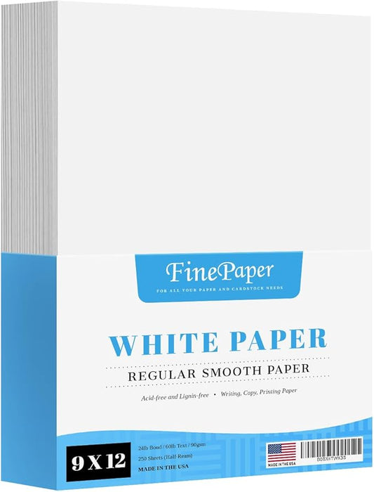 9" x 12" White Regular Paper – Multipurpose Office Paper for Copy, Printing and Writing | Inkjet and Laser Printer Compatible | 24lb Bond / 60lb Text / 90gsm – Smooth Finish | 250 Sheets per Pack