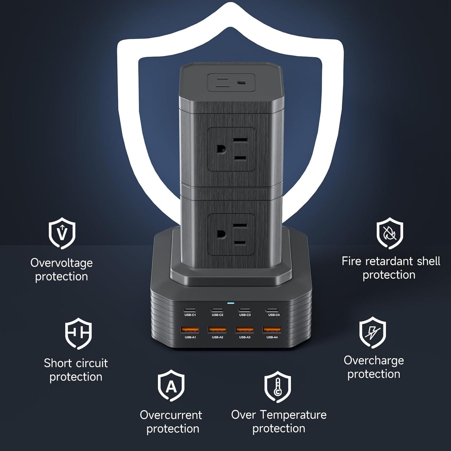 Charging Station (100W), 17-in-1 USB C Power Strip with Surge Protection, 6.6Ft Extension Cord, 4 USB C and 4 USB A Ports, 9 AC Outlets for Home Office Dorm Room