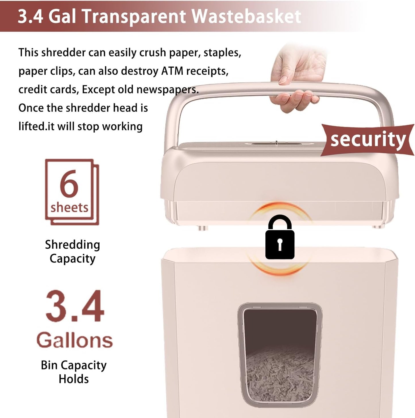 Bonsaii Compact Design for Business Paper Shredder, 6-Sheet Cross-Cut, Credit Card Shredder, Home Office, Handle for Document, Mail, Staple, 3.4 Gal Wastebasket, Pink(C237-B)
