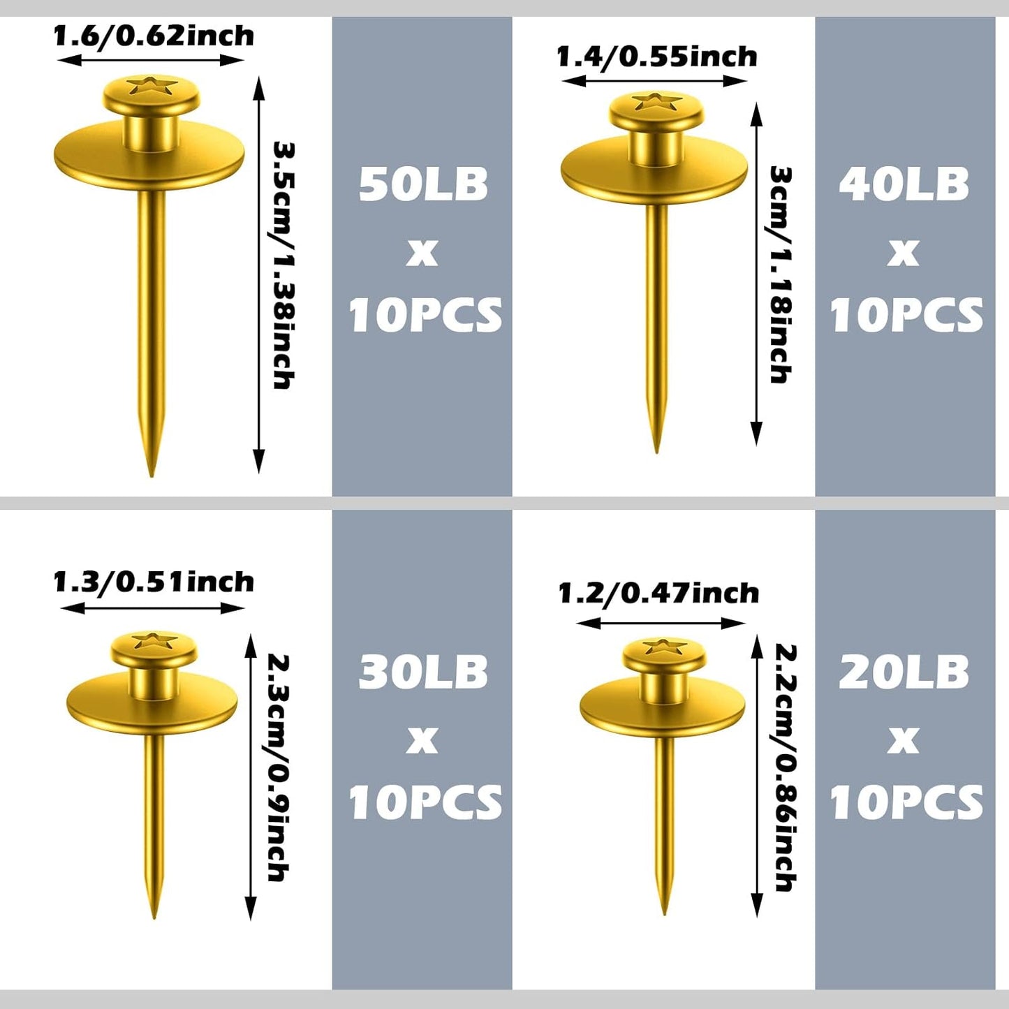 Zhengmy 40 Pcs Double Headed Picture Hangers Nails 4 Size Long Thumb Tacks Wall Nails for Hanging Pictures Decorative Push Pins Hooks for Drywall Photo Office Home Decor, 20/30/ 40/ 50lb(Gold)