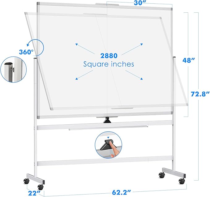 maxtek 60 x 48 Double Sided Rolling Whiteboard, Mobile Whiteboard Magnetic White Board - Large Reversible Dry Erase Board Easel Standing Board on Wheels with Stand (60 x 48)