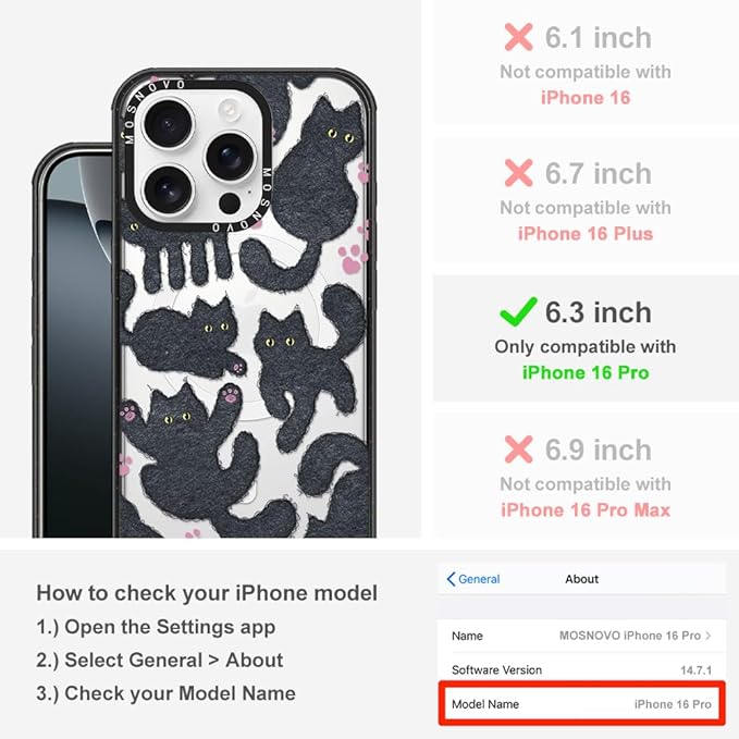 MOSNOVO Magnetic Case for iPhone 16 Pro, 10ft Military-Grade Protection, Compatible with Magsafe, Shockproof Phone Case for iPhone 16 Pro - Black Fluffy Cat - Clear Black
