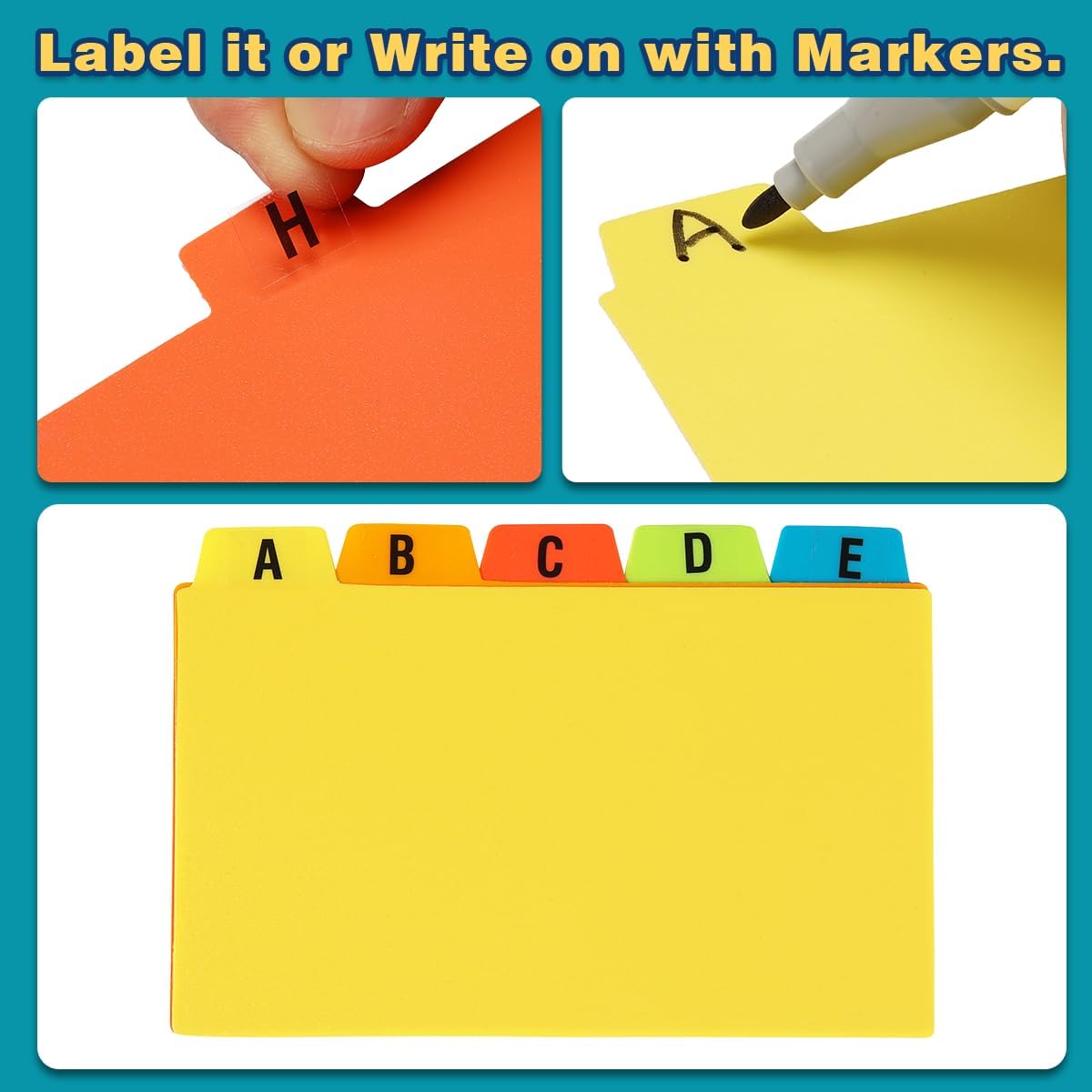 Chell 3x5 Plastic Index Card Dividers, Heavyweight Poly Index Card Guides A-Z for Flash Cards and Recipe Cards, with Alphabetical/Blank Stickers, Pack of 50