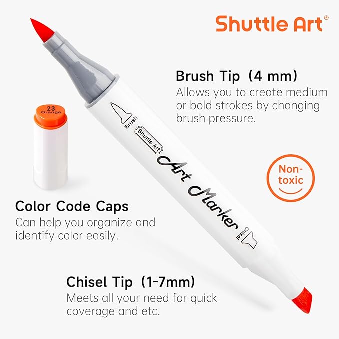 Shuttle Art Alcohol Markers Brush tip, Dual Tip Brush & Chisel Tip Art Marker Set, 50 Colors plus 1 Blender Permanent Marker Pens with Case Perfect for Illustration Students Adults Coloring