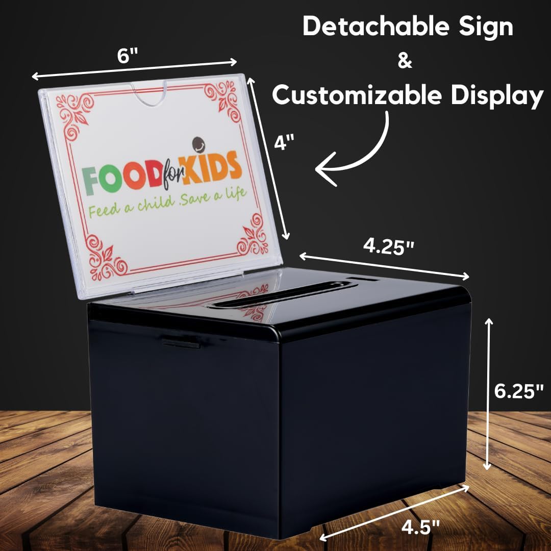 Adir Suggestion Box with Slot and Lock – Acrylic Donation Box for Fundraising, Drawing Box for Raffle, Funraiser Box, Tip Box with Lock - 6.25x4.5x 4 Inches voting box with slot and Sign Holder