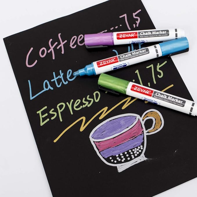 ZEYAR Liquid Chalk Marker-Wet Erase Marker, 6mm Reversible Tip-Bullet or Chisel, 8 Colors, Writes on Chalkboards, Bistro Boards, Windows and Plastic (8 Metallic Colors)