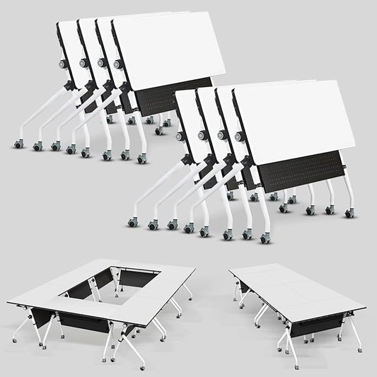 Conference Table, Folding Conference Room Tables, Mobile Training Tables with Silent Wheels, Large Rectangular Modular Seminar Table Office Computer Desks for Classroom White (8Pack L63in)