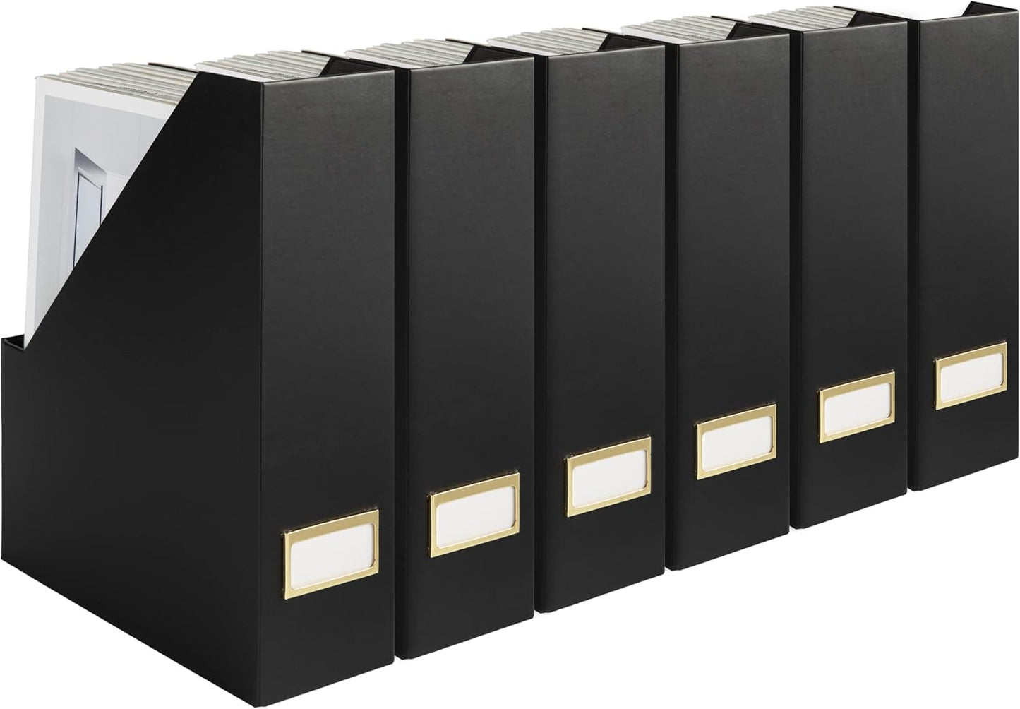BLU MONACO Declutter in Style - Set of 6 Black Foldable Magazine File Holders with Gold Label Holders - Cardboard Magazine Storage Box & Desk Organizer for Workspace and Shelves