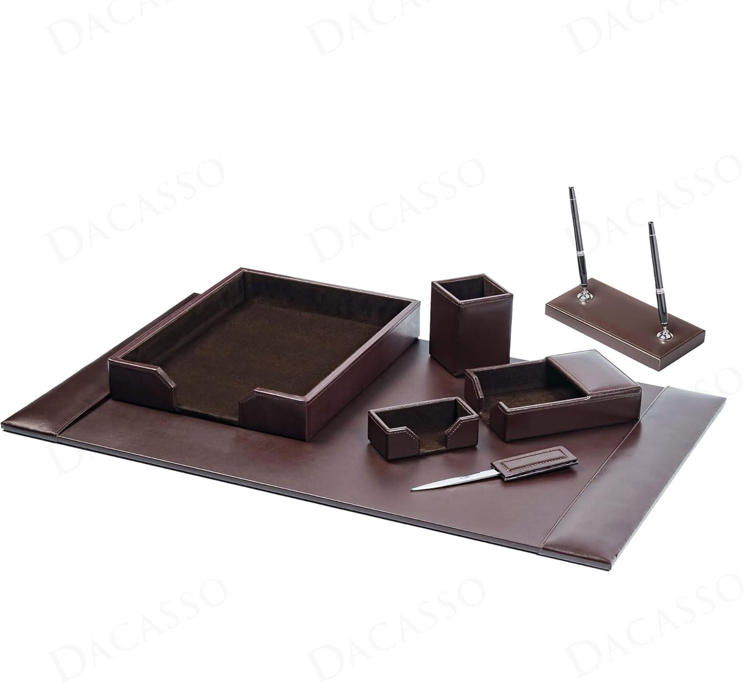 Dacasso Dark Brown Bonded Leather Luxury 7-Piece Desk Set - Blotter Pad & Desk Organization Essentials - Executive Decor and Surface Protector