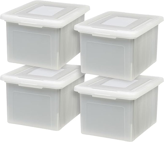 IRIS USA File Box, Plastic File Organizer with Lids for Letter/Legal File, Portable Document Box For Moving, Storage Bin with Durable and Secure Lid, Stackable Nestable BPA-Free, Pearl 35 Qt. 4 Pack