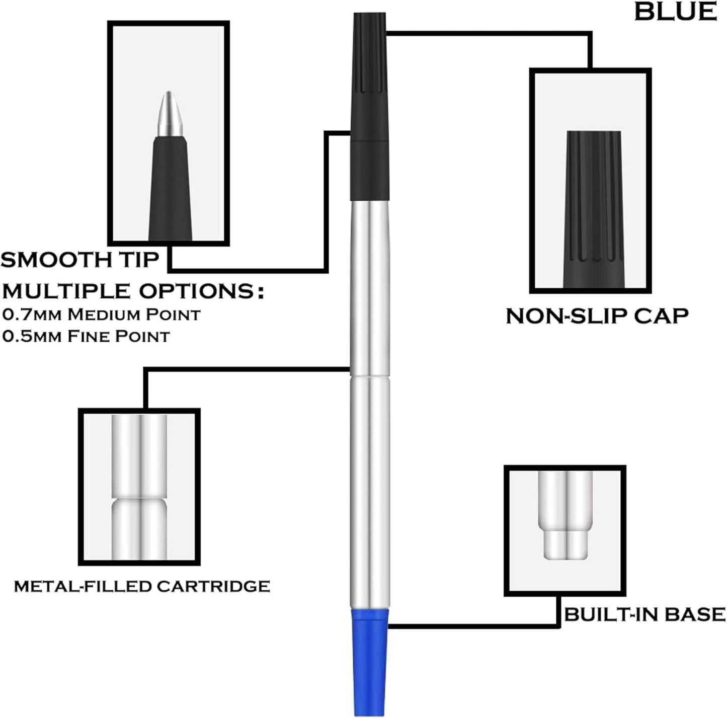 DunBong Quink Ink Rollerball, Compatible with Parker Rollerball Pens, 0.5mm Fine Point, Blue Ink Refill Pack of 5, Replaceable Gel Ink Pen Refills, Smooth Writing (Blue-0.5mm)