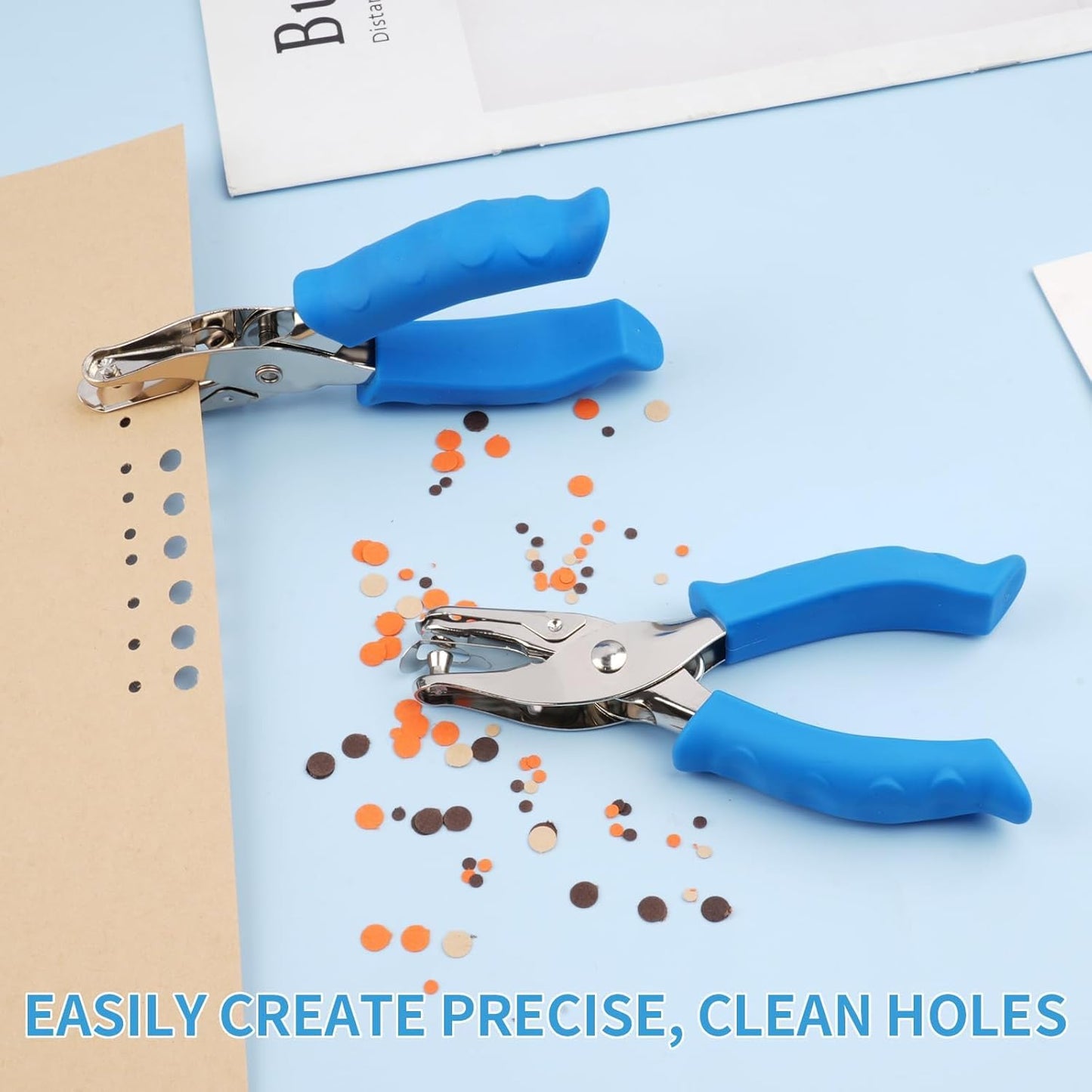Single Hole Punch, 2 Pcs Hand Hole Puncher with Soft Grip Handle, 1/4" and 1/8" Small Hole Paper Punch for Crafts, Scrapbooks, 6 Sheets Capacity, Tags, Tickets - Blue