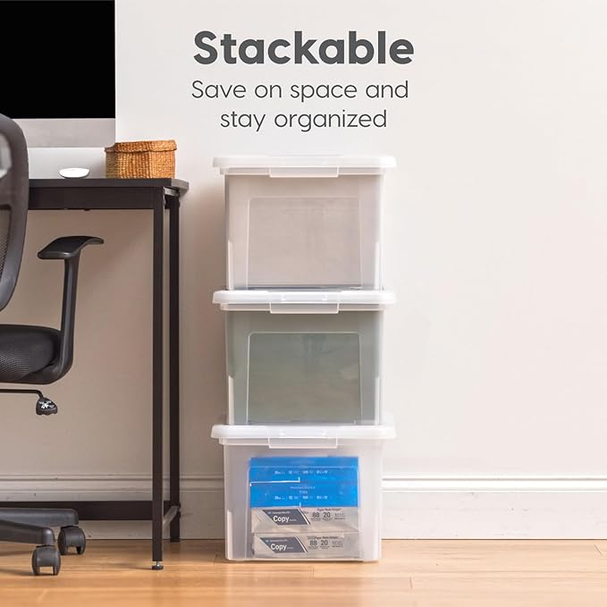 IRIS USA File Box, Plastic File Organizer with Lids for Letter/Legal File, Portable Document Box For Moving, Storage Bin with Durable and Secure Lid, Stackable Nestable BPA-Free, Pearl 35 Qt. 4 Pack