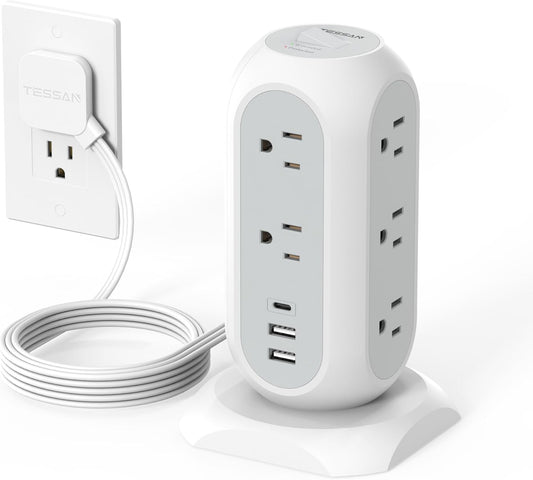Tower Power Strip Flat Plug with 11 Outlets 3 USB (1 USB C), TESSAN Surge Protector Tower 1625W/13A,1050J Protection, 6 Feet Extension Cord with Multiple Outlets, Office Desk Supplies, Dorm Essentials