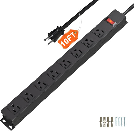 8 Outlet Metal Power Strip 10ft,Heavy Duty Power Strip with Wide Spaced,Black Power Strip with Long Cord for Kitchen,Office,School,Commercial,Workshop,Industrial,1825W/125V/15A,Black (10FT)