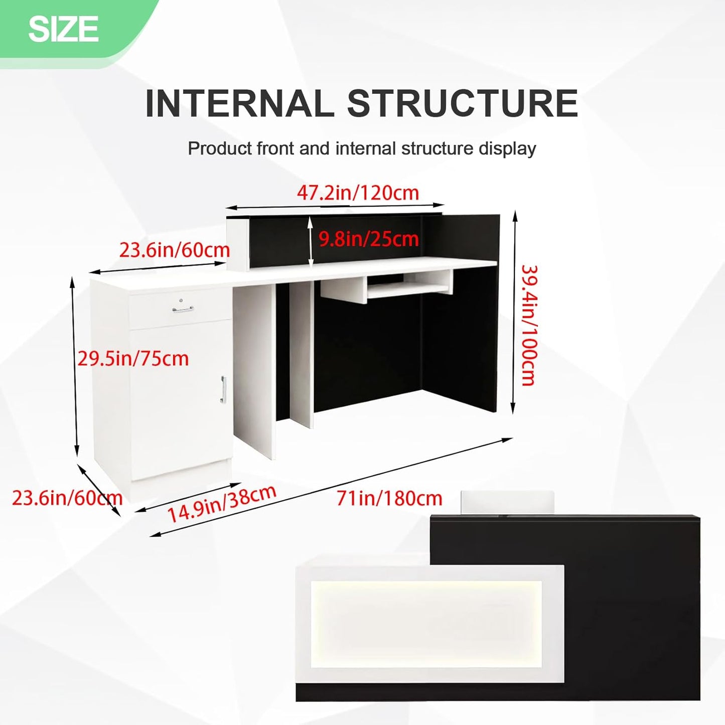 Modern Reception Desk with Counter and Drawer Office Front Desk with Cabinet Wooden Commercial Reception Table Checkout Counter for Retail Salon Lobby Black and White Left 71inch/180cm