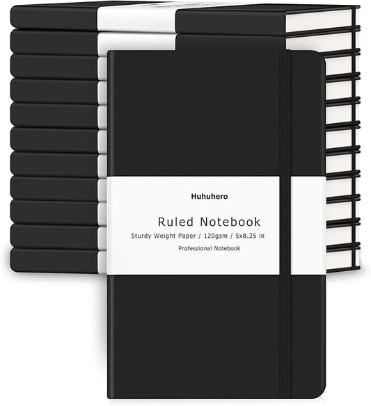 Huhuhero Notebooks Journal, Ruled Notebook, Premium Thick Paper Lined Journal, Black Hardcover Notebook for Office Home School Business Writing Note Taking Journaling, 5"×8.25" (12, Black)