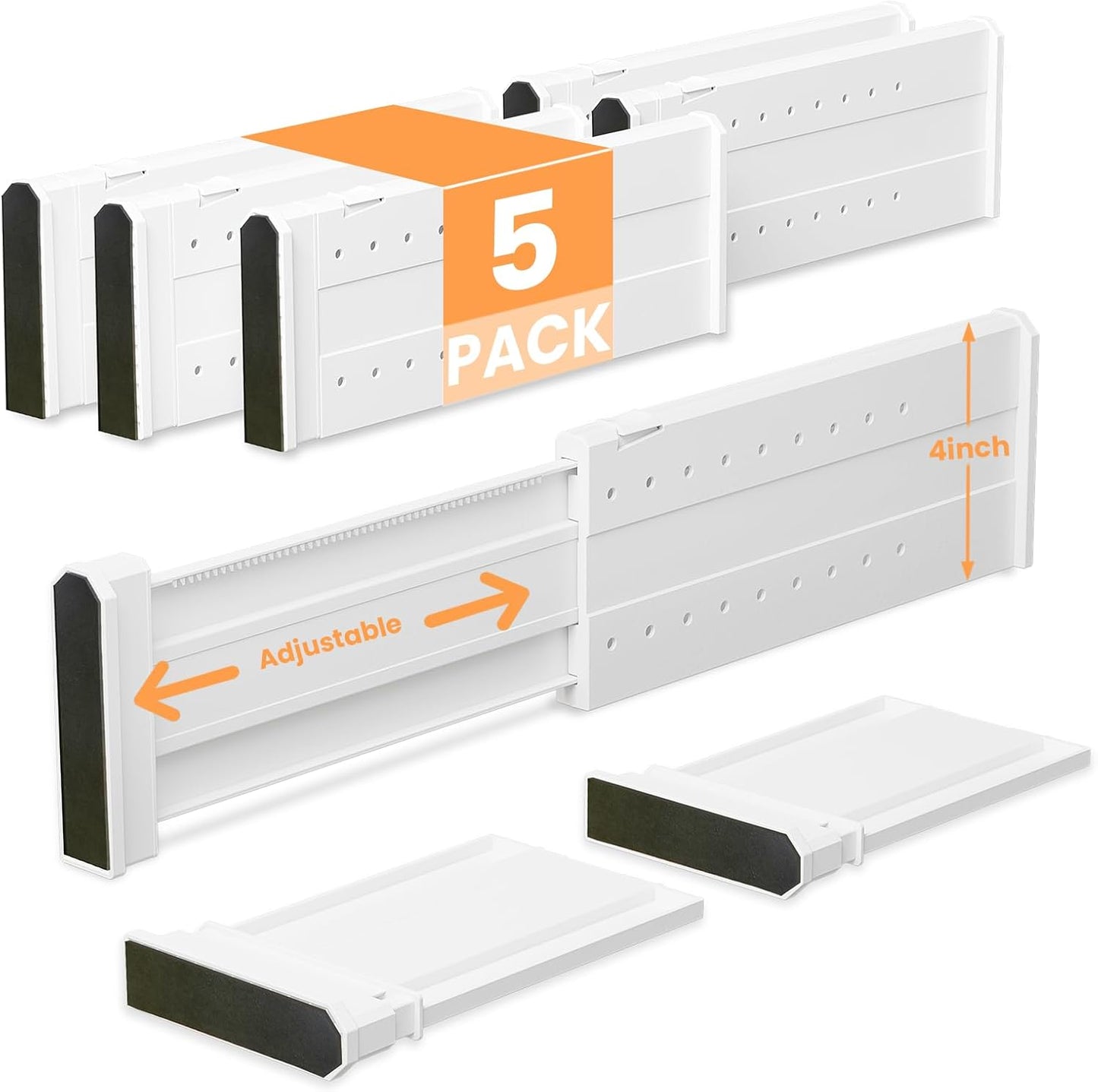 REBECAT 5 Pack Drawer Dividers for Clothes Adjustable Drawer Dividers 4" High Expandable from 11"-17" for Dresser Baby Clothes Bathroom Bedroom Kitchen and Office Storage，White