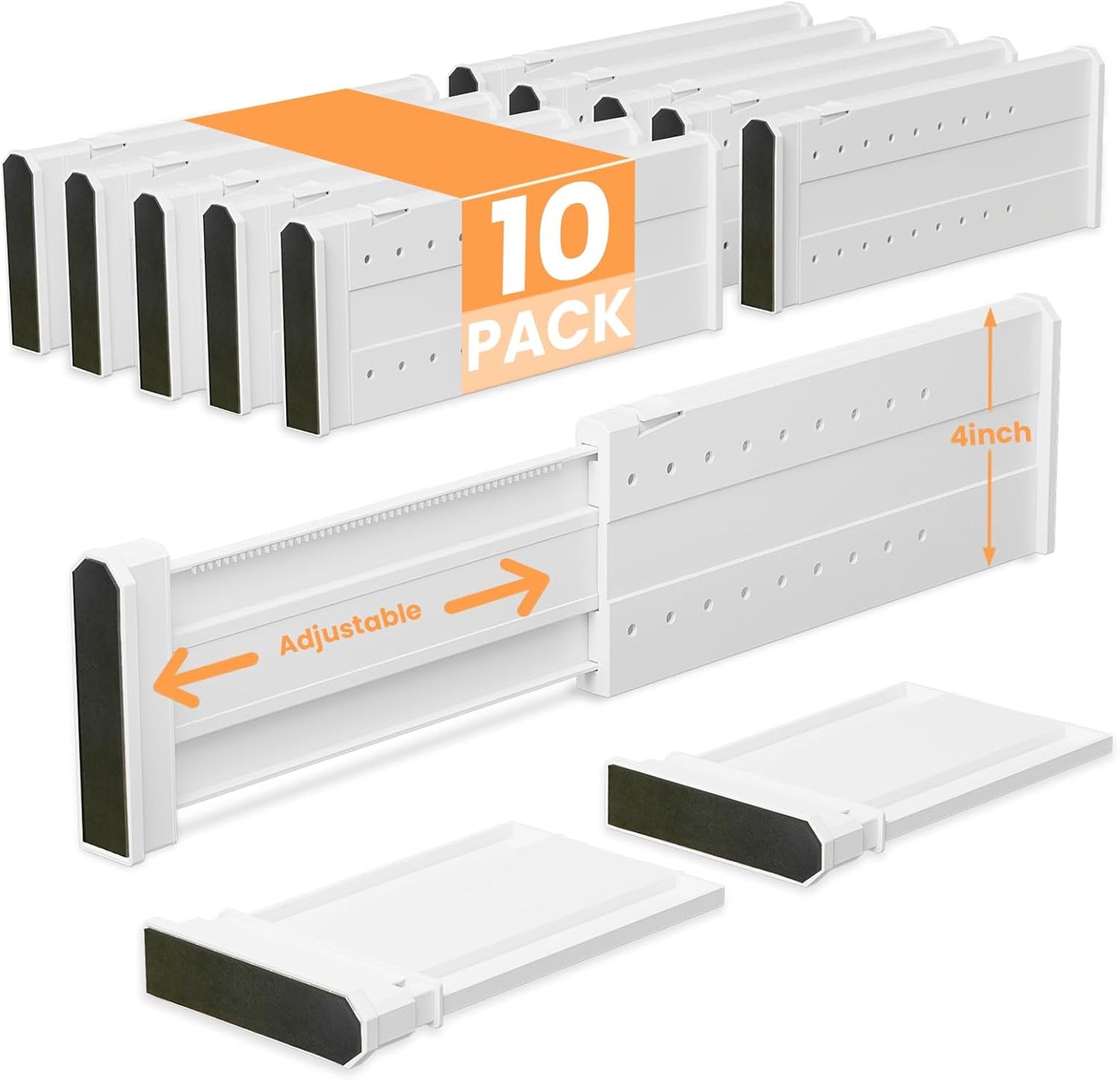 REBECAT 10 Pack Drawer Dividers for Clothes Adjustable Drawer Dividers 4" High Expandable from 11"-17" for Dresser Baby Clothes Bathroom Bedroom Kitchen and Office Storage，White