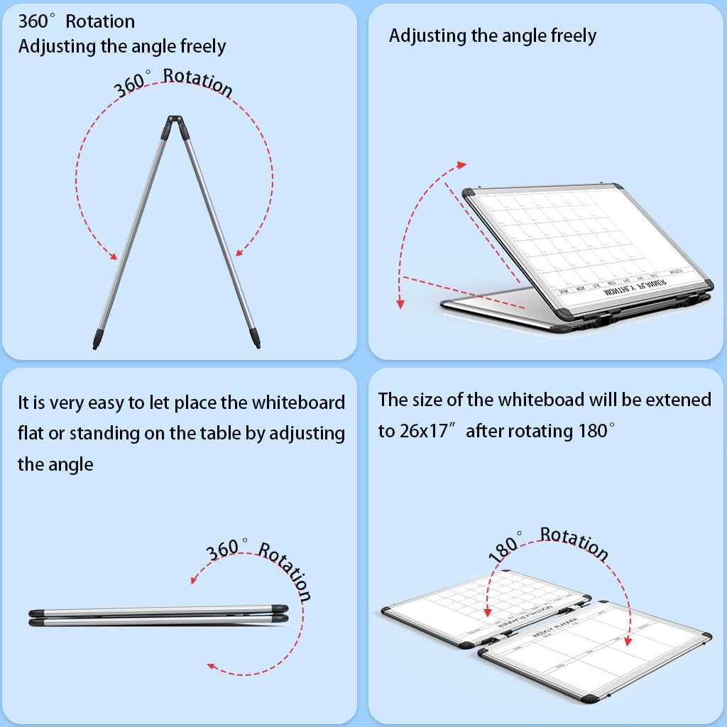 4 Sided Foldable Whiteboards Calendar, 17"x13" Desktop Whiteboard, Integrating with Monthly and Weekly Planner, Multi-Functional Whiteboard Suitable for Home, School and Office.