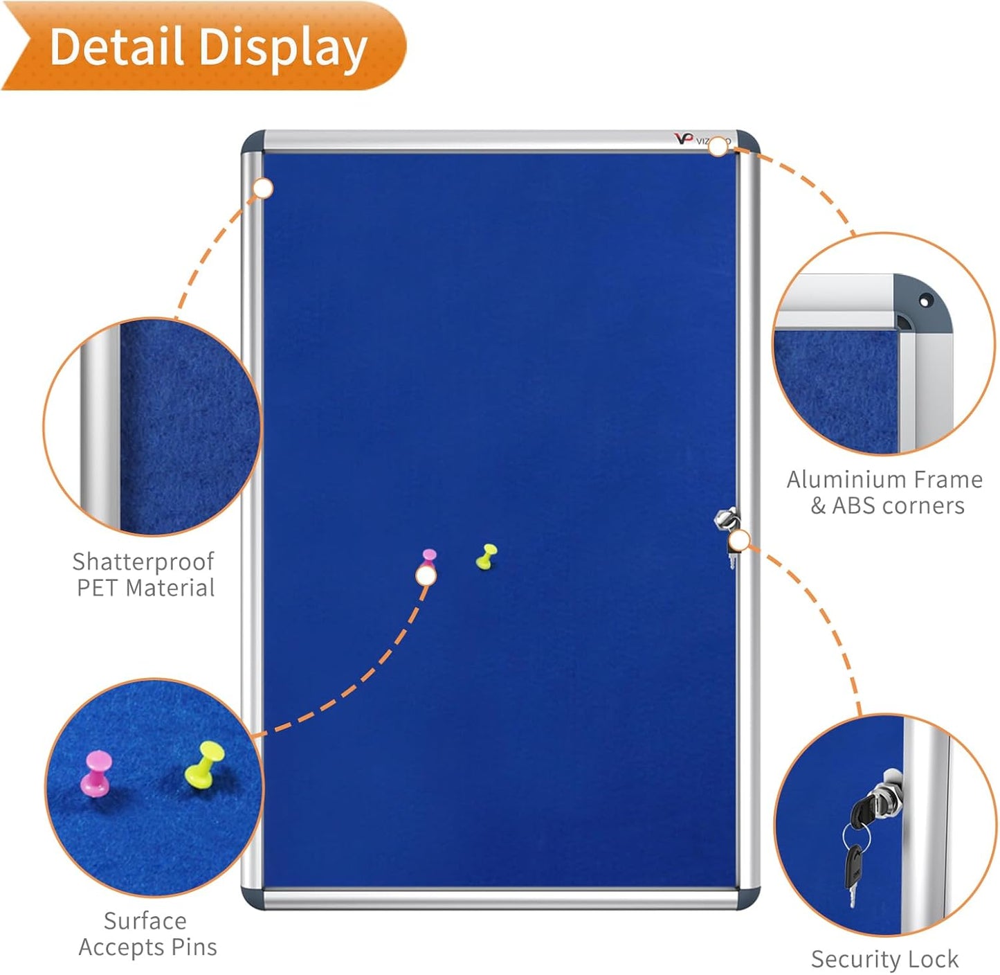 VIZ-PRO Tamperproof Lockable Noticeboard Class 1 Aluminium Framed 36x24 Inches