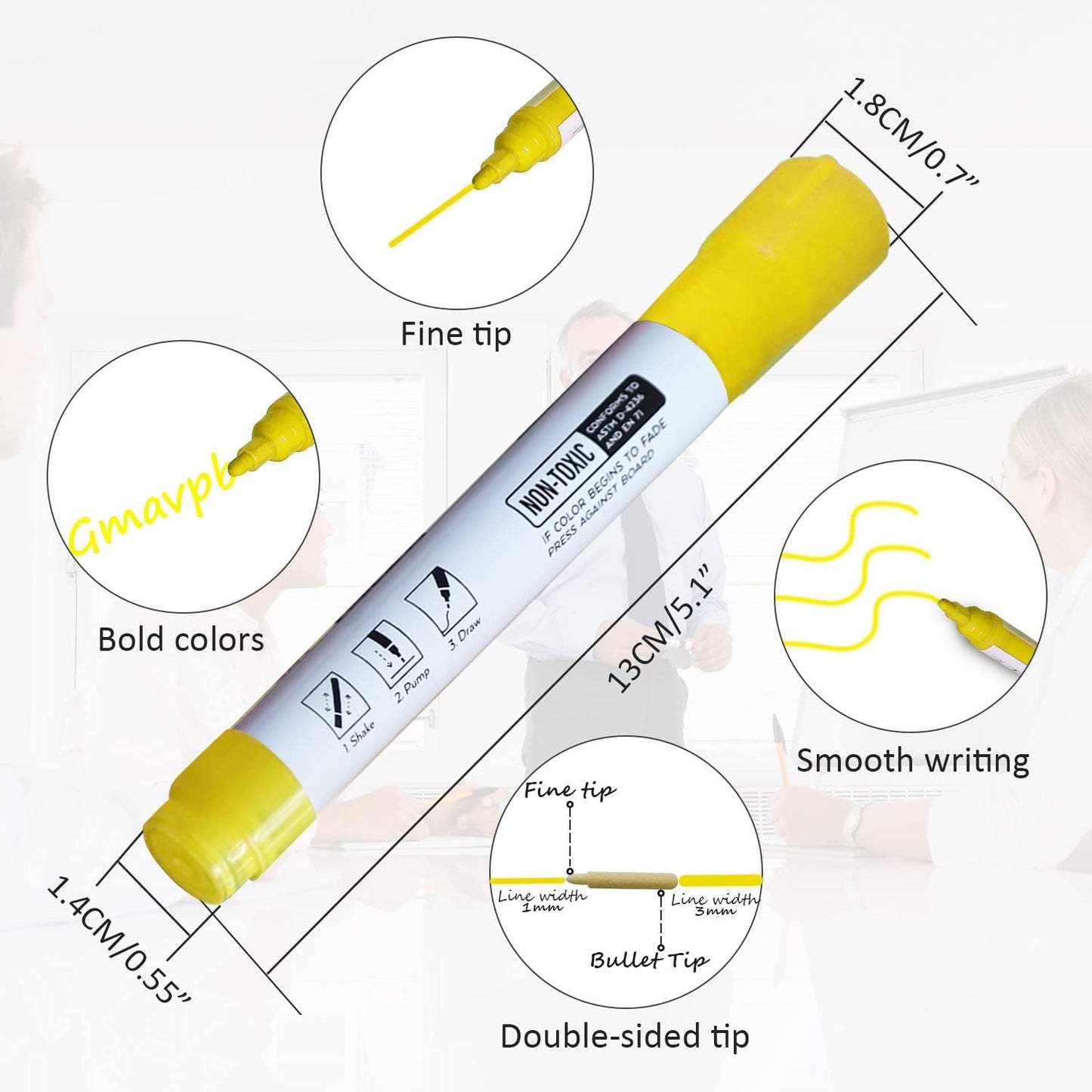 Bright Yellow Dry Erase Markers for Black Glass Board, 2-in-1 Reversible Dual Tip - Bullet & Fine, Easy Clean Grip Liquid Chalk Pens for Acrylic Board, 10 Pack