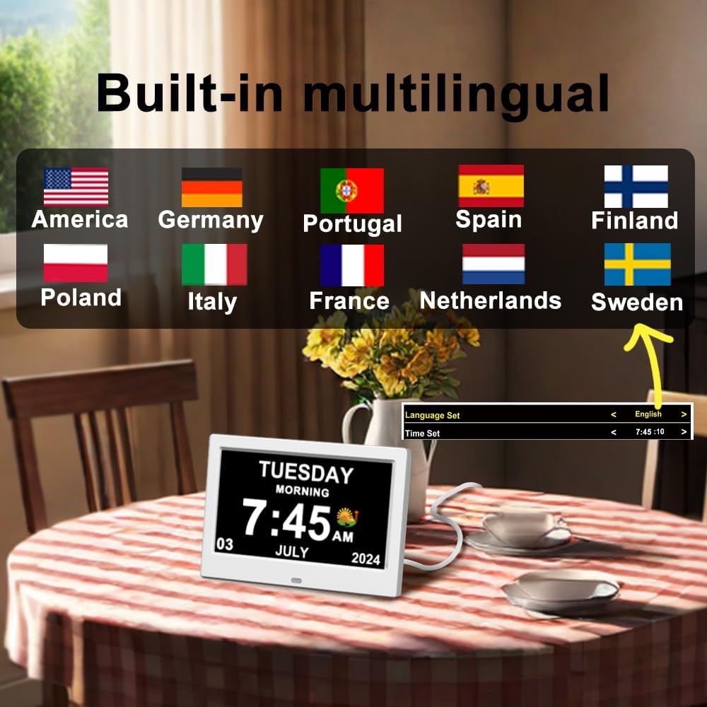 Alarm Clock with Day and Date for Elderly Digital Calendar Clock Photo Frame- Auto Dimmable Display 15 Alarm Options (7inch White)