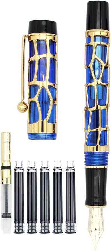 Gullor Century 100 Fountain Pen, Skeleton Hollow-out Series Golden, Screw-Cap, Fine Nib, Transparent Blue