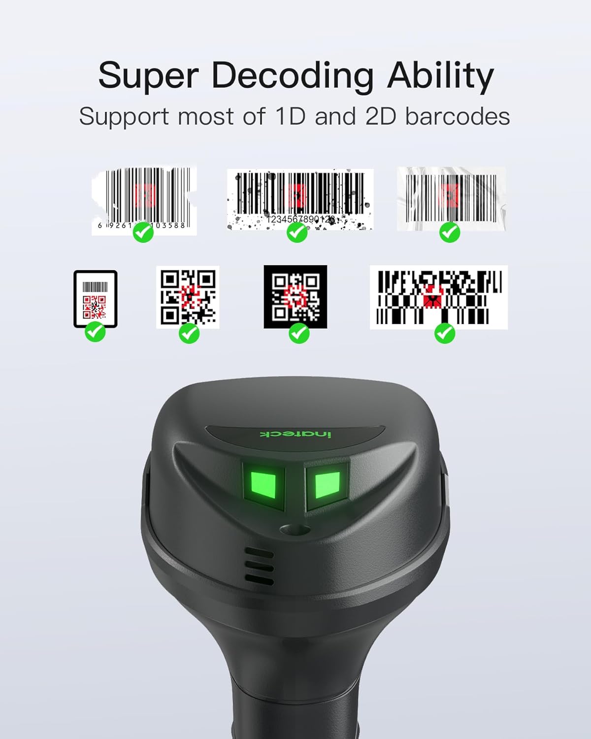 Inateck Wireless Barcode Scanner, 1D/2D QR Code Scanner with Smart Base, Bluetooth/2.4G/USB 3-in-1 Connectivity, Compatible with Windows/iOS/Android/Mac/Linux for Retail/Warehouse/Logistics