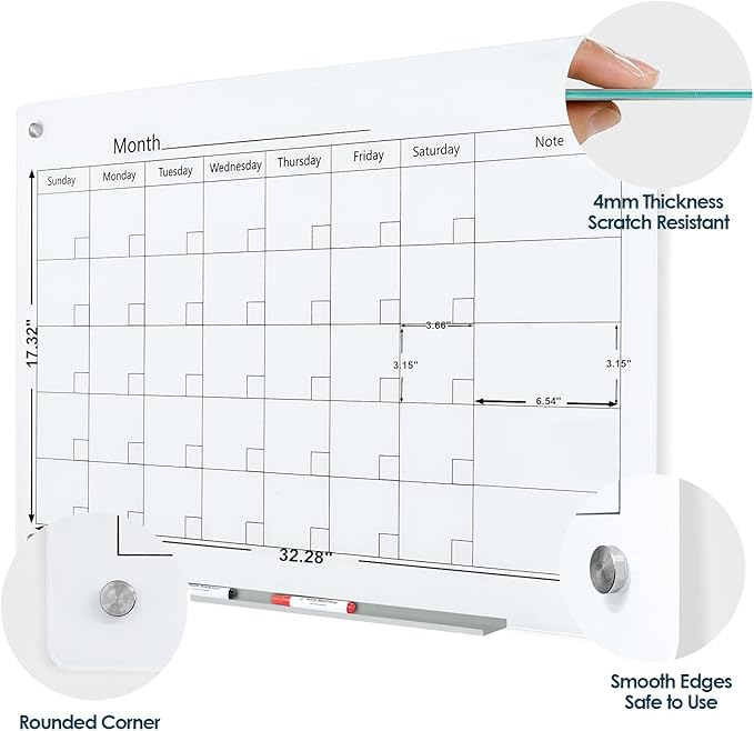 J&J worldwide Magnetic Whiteboard Calendar, 3' x 2' Glass Wall Calendar Dry Erase Board Monthly Planner for Home, School, Office, Frameless, with Markers, Marker Tray, Eraser, Magnets, 35 x 23 Inches