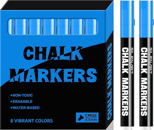 SILENART Chalk Markers - Vibrant 8 Pack - Dry Erase Markers Pen - Liquid Chalk Markers for Blackboard Chalk Board Windows Glass Acrylic Calendar Board - Erasable Chalk Marker (Blue)