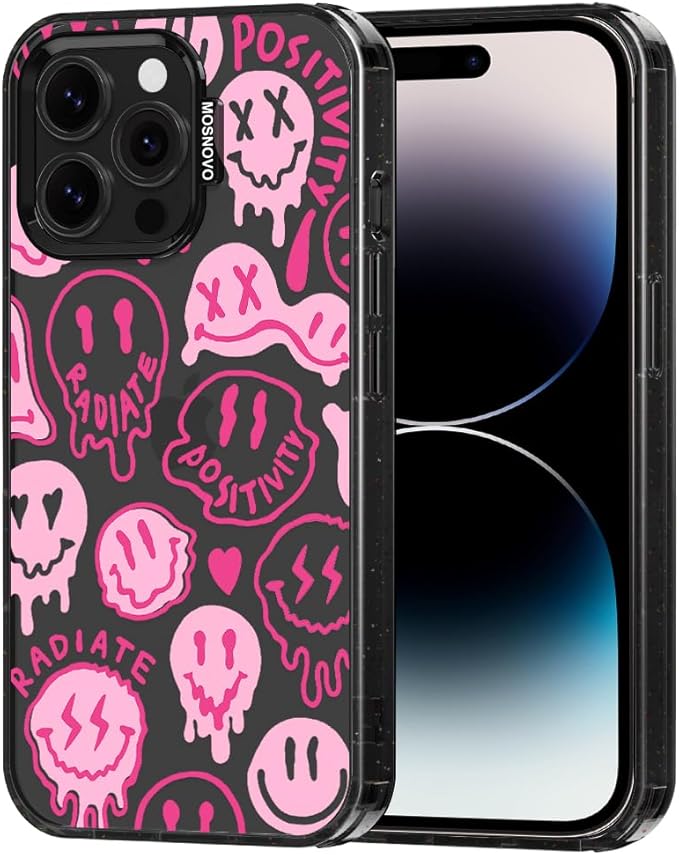 MOSNOVO Case for iPhone 14 Pro Max, [10ft 4X Military-Grade Drop Protection] Durable & Shockproof Phone Case Cover Design for iPhone 14 Pro Max - Pink Dripping Smiles - Clear Black
