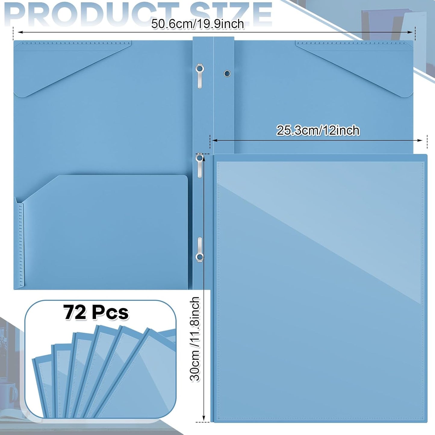 Henoyso 72 Pcs Plastic Folder with Clear Front Pocket and 3 Prong Plastic Folders with Card Slot Pocket Folders with Prongs for School Office (Haze Blue)