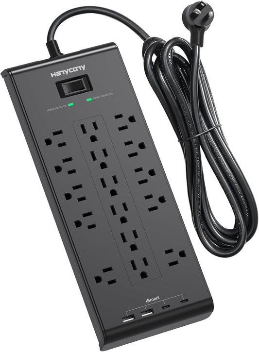 Surge Protector Power Strip, HANYCONY 5 Ft Flat Plug Heavy Duty Extension Cord with 16 Outlets 4 USB Ports(2 USB C), 2700 Joules, Wall Mount for Home Office, ETL Listed, Black