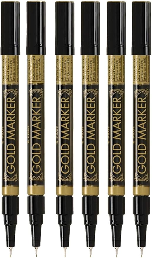 Metallic Permanent Paint Markers, Gold, Extra Fine Point (0.5mm), 6 Count, Bundle with Plastic Reusable Pouch