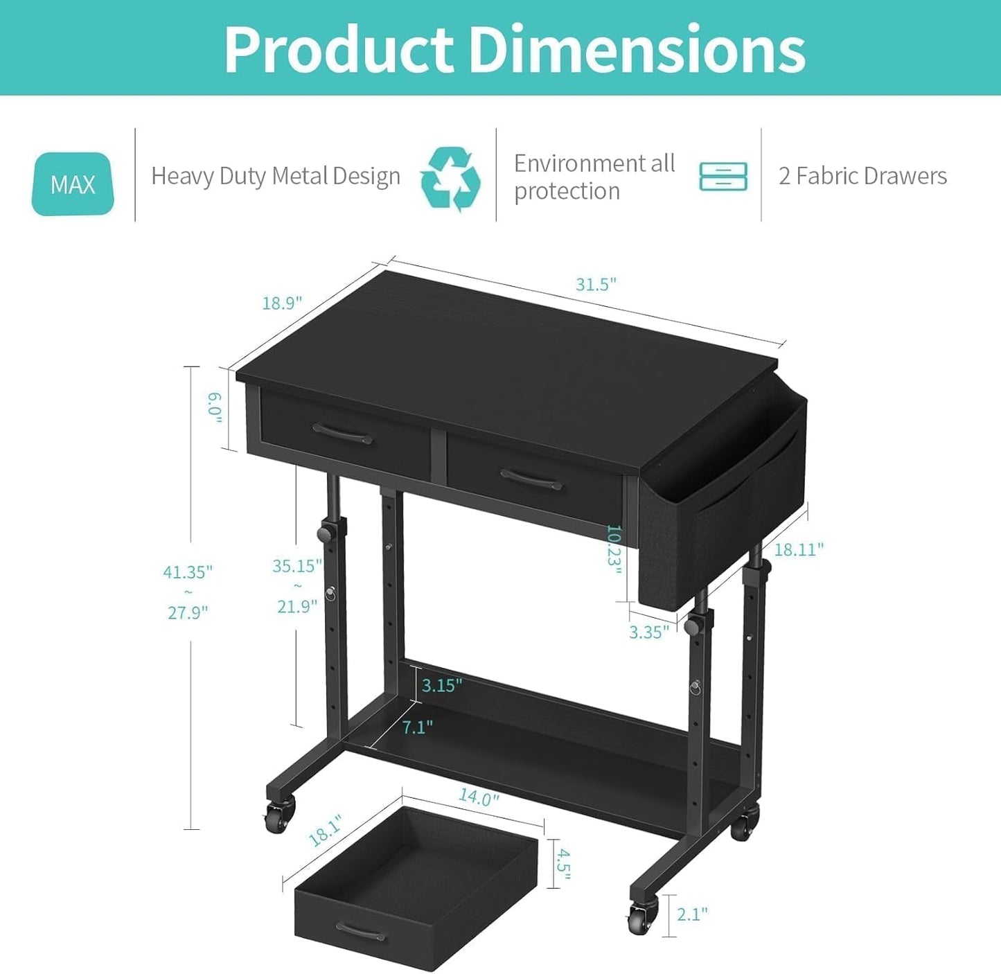 Small Portable Rolling Standing Desk - 32 Inch Adjustable Mobile Stand Up Teacher Desks with 2 Fabric Drawers on Wheels for Classroom, Couch Sofa Side Laptop Table with Storage for Home Office, Black