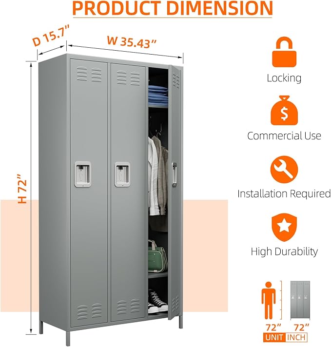 Metal Storage Locker with 3 Doors,Metal Locker for Employees with 9 Hooks for School Garage Office Gym Home,Assembly Required,Light Grey