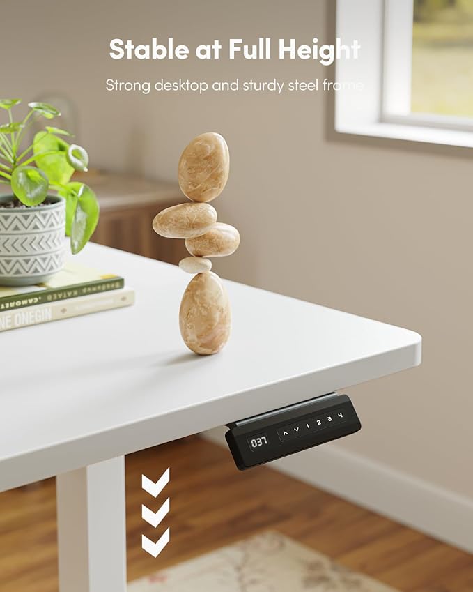 FEZIBO One-Piece Standing Desk Adjustable Height Stand up Home Office Desk, 32x24 Inch Electric Standing Computer Desk, with 4 Memory Presets, Fixable casters, White