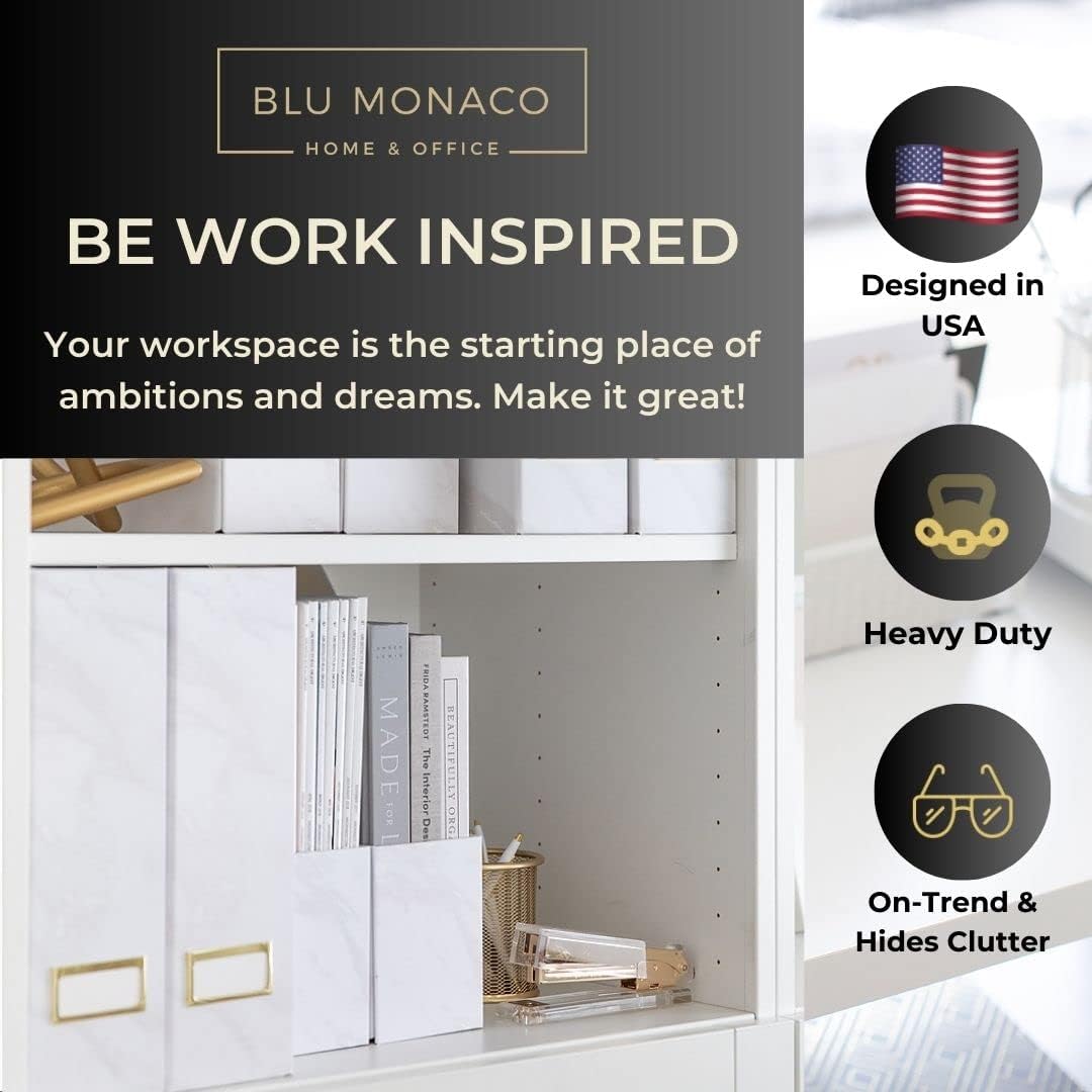 BLU MONACO Set of 4 Magazine Holders, White Marble Design with Gold Label Holders, File Holder for Desk, Magazine Storage for Home Office and Classroom