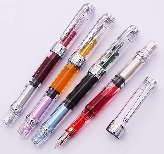 Lanxivi 4 x Yongsheng 3008 Fountain Pen Upgrated Fine Nib,Silver Trim,Piston Filling, Transparent